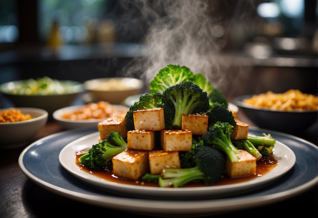 A table topped with steaming plates of stir-fried bok choy, garlic broccoli, and mapo tofu. Colorful vegetables and savory sauces fill the scene