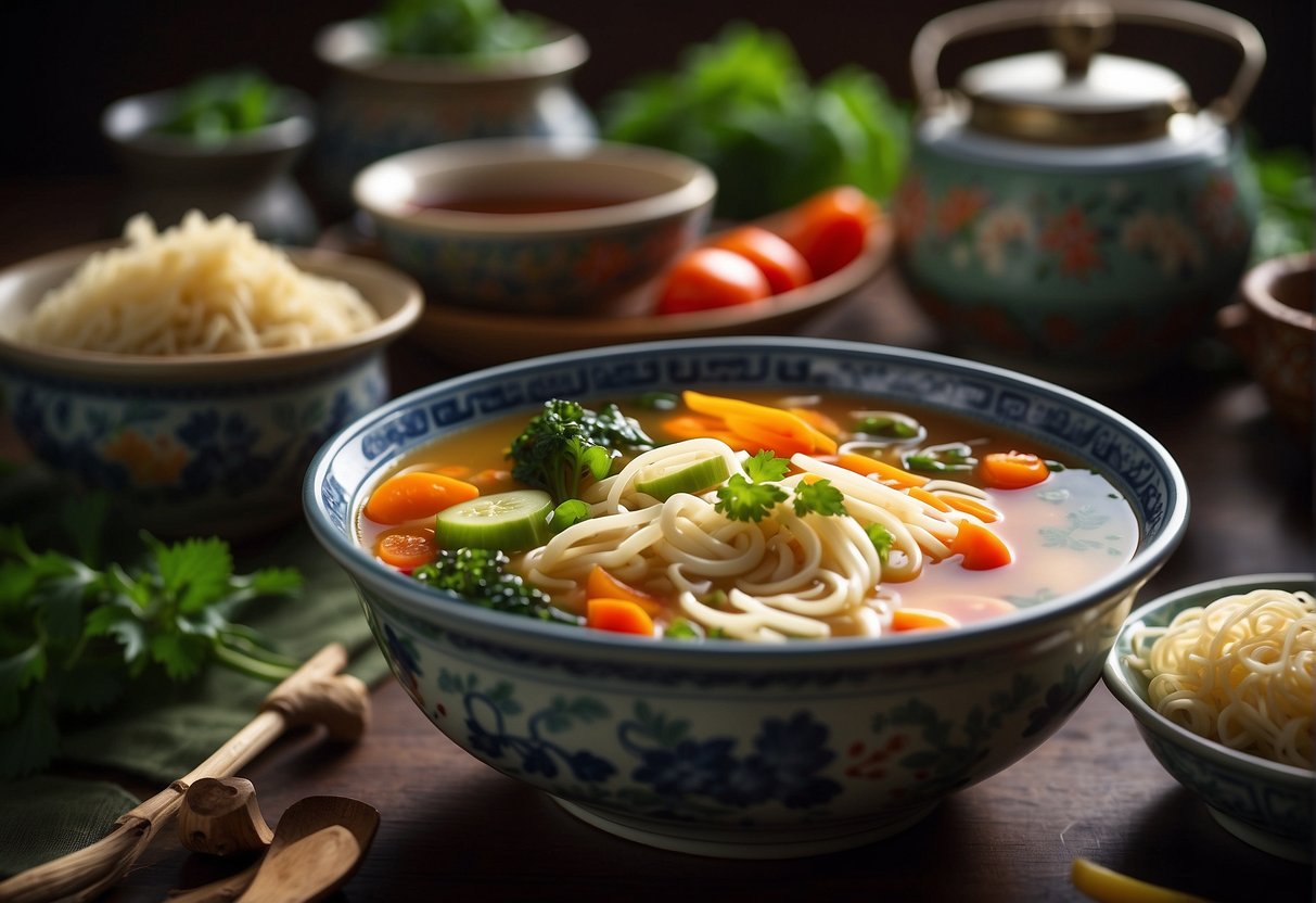 A steaming bowl of Chinese vegetable soup sits next to a plate of noodles, surrounded by colorful ingredients and traditional Chinese cookware