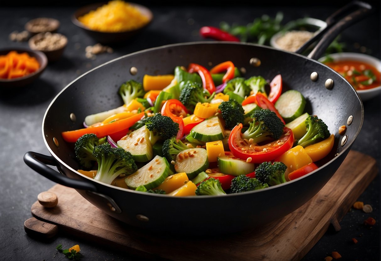 A wok sizzles with colorful stir-fried vegetables in a fragrant sauce, surrounded by aromatic spices and herbs