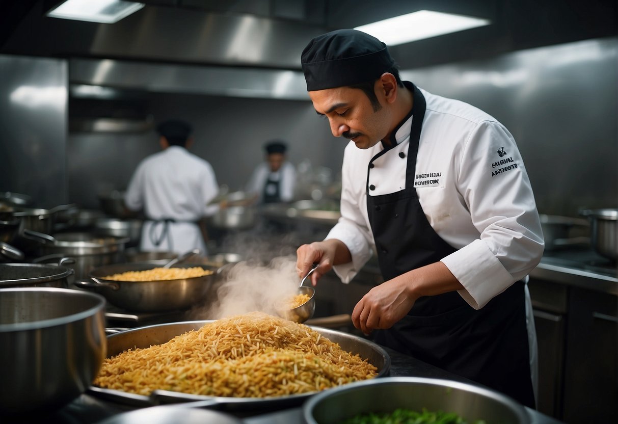 A chef blending Chinese and Urdu ingredients in a bustling kitchen
