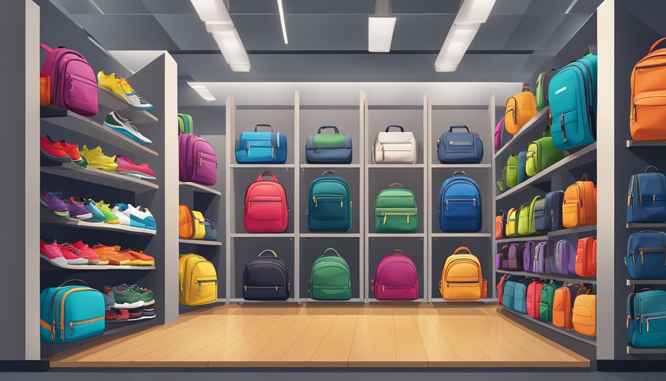 A display of popular backpack brands arranged on shelves in a well-lit store. Various sizes, colors, and styles are showcased to attract customers