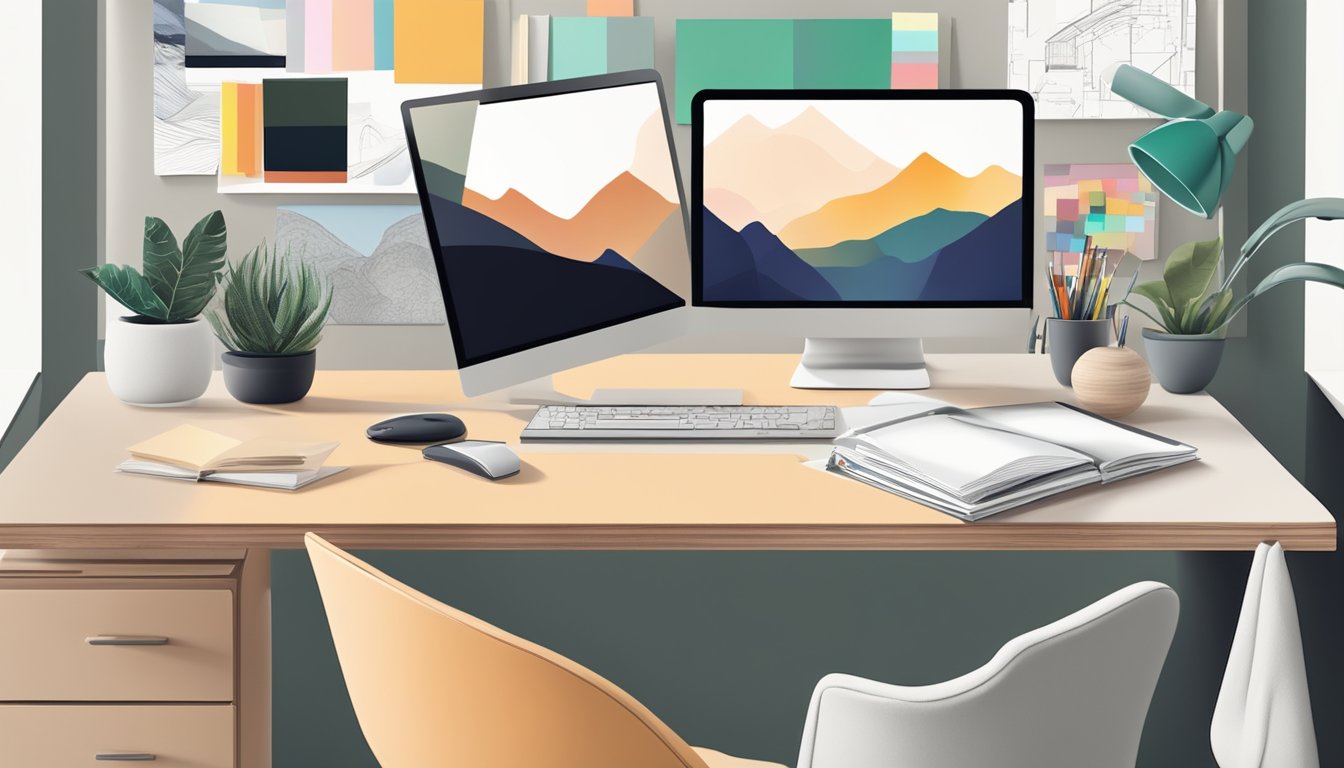 A desk with a computer, sketchbook, and design books. A mood board on the wall with color swatches and inspiration images