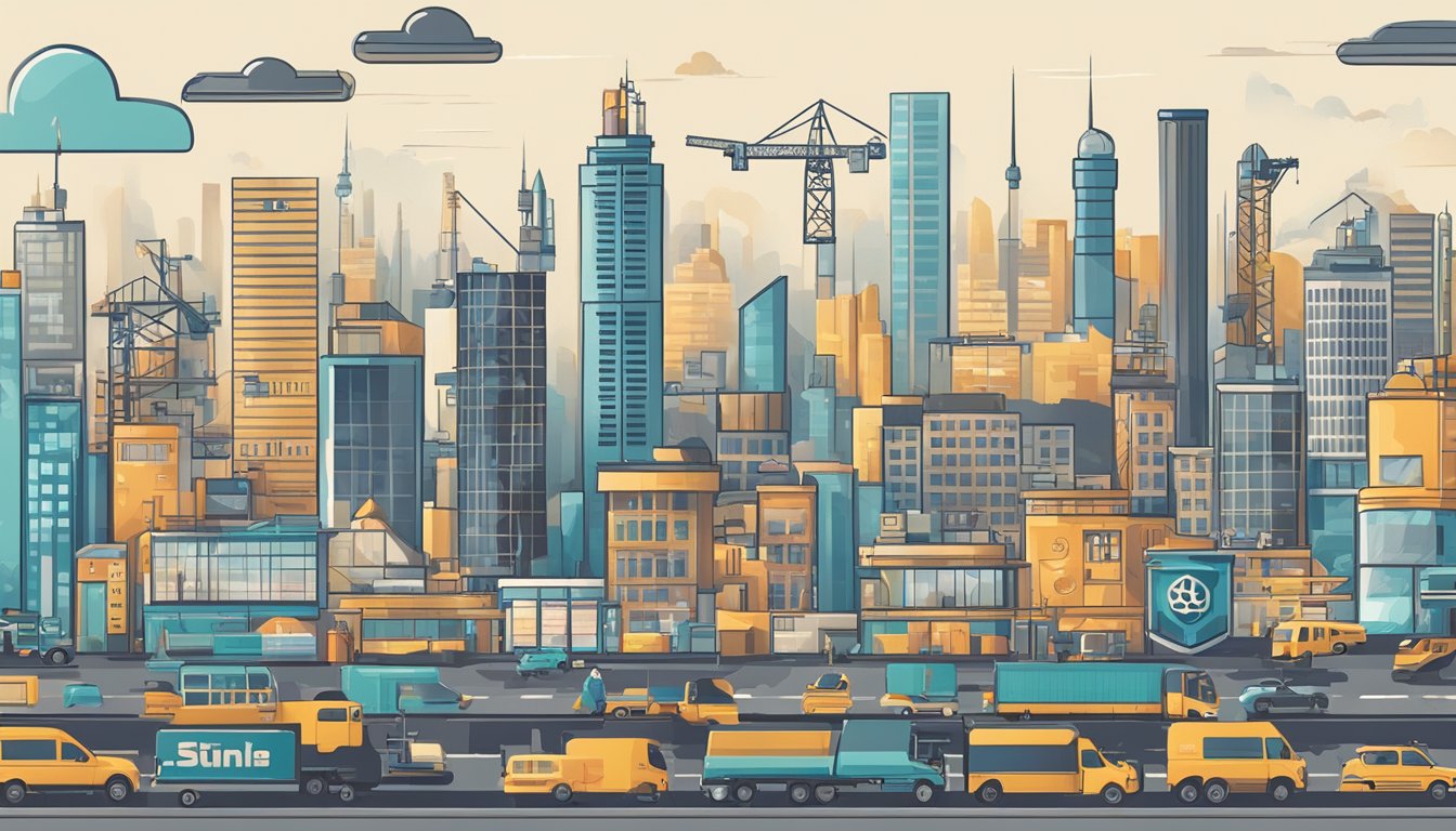 A bustling city skyline with various industry logos and symbols, representing different sectors for a brand designer's job