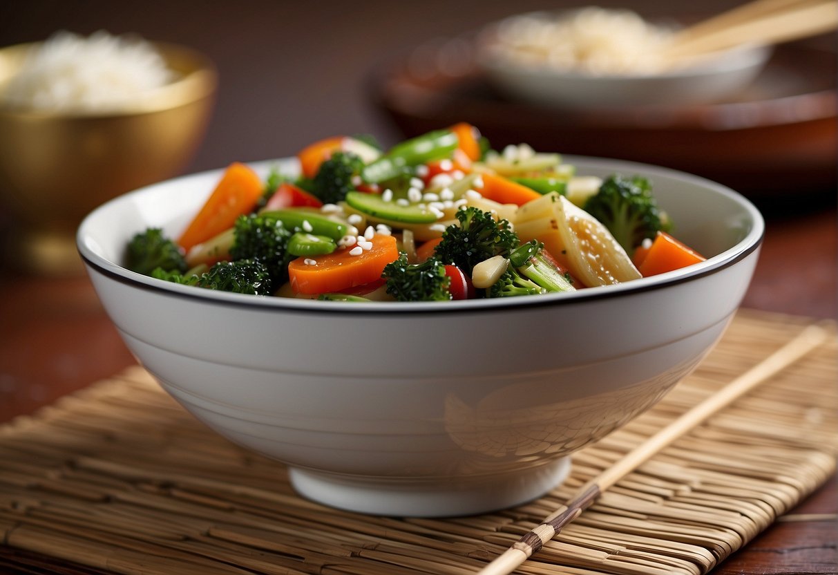 A bowl of Chinese vegetable stir-fry sits on a bamboo placemat, garnished with sesame seeds and sliced green onions. Chopsticks rest on the side