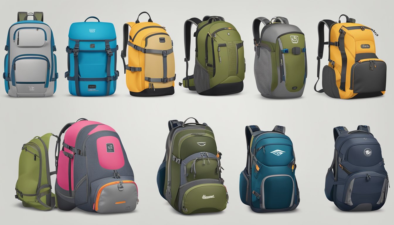 A display of top backpack brands arranged by category, such as outdoor, travel, and everyday use, with their logos and key features visible