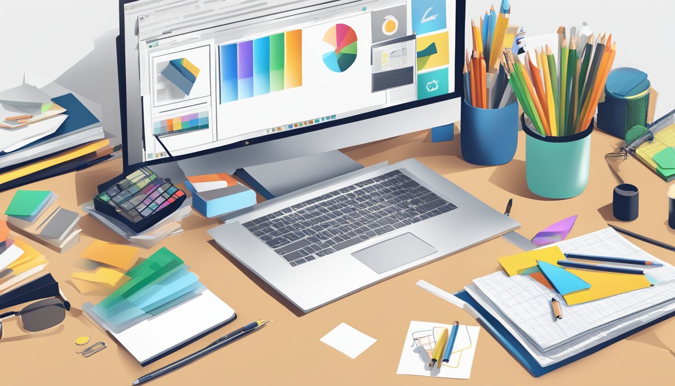 A desk cluttered with design tools, a computer, and a stack of brand guidelines. A designer sits, sketching logos and layouts