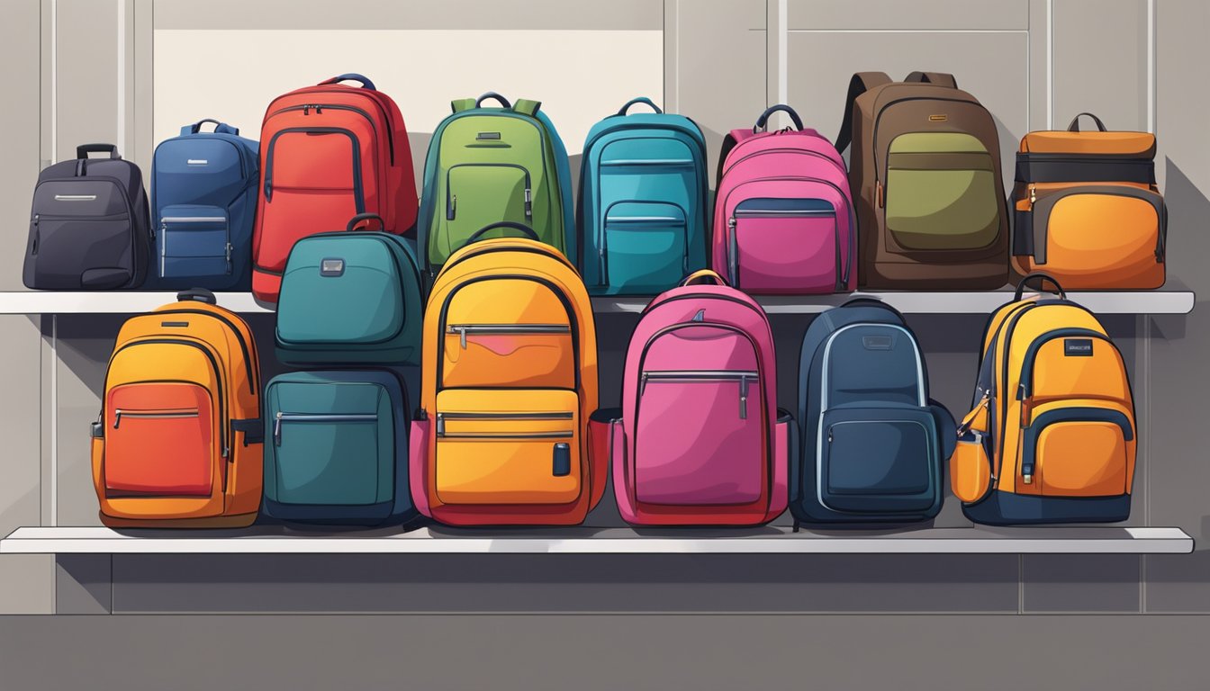 Various specialized backpacks from popular brands are neatly displayed on shelves in a well-lit store