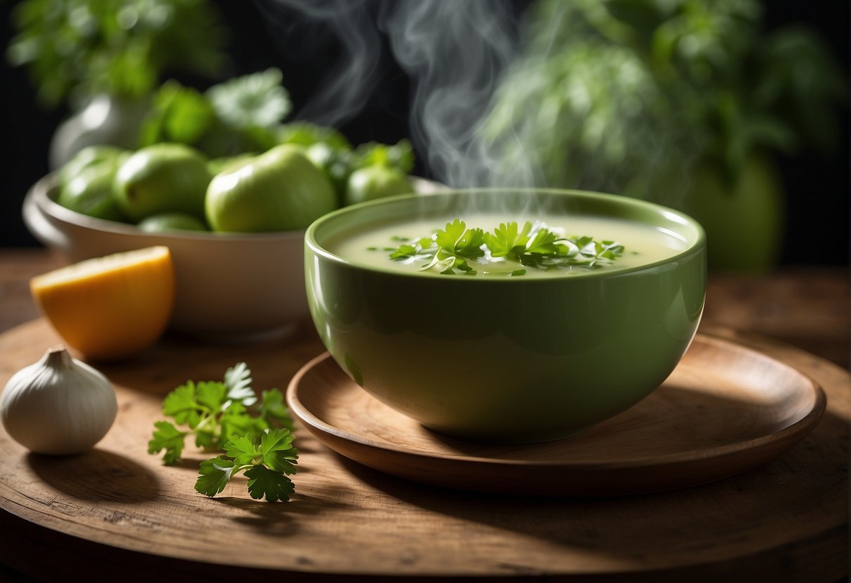A steaming bowl of chayote soup sits on a round, wooden table. Green chayote slices float in a clear, fragrant broth, garnished with fresh cilantro leaves
