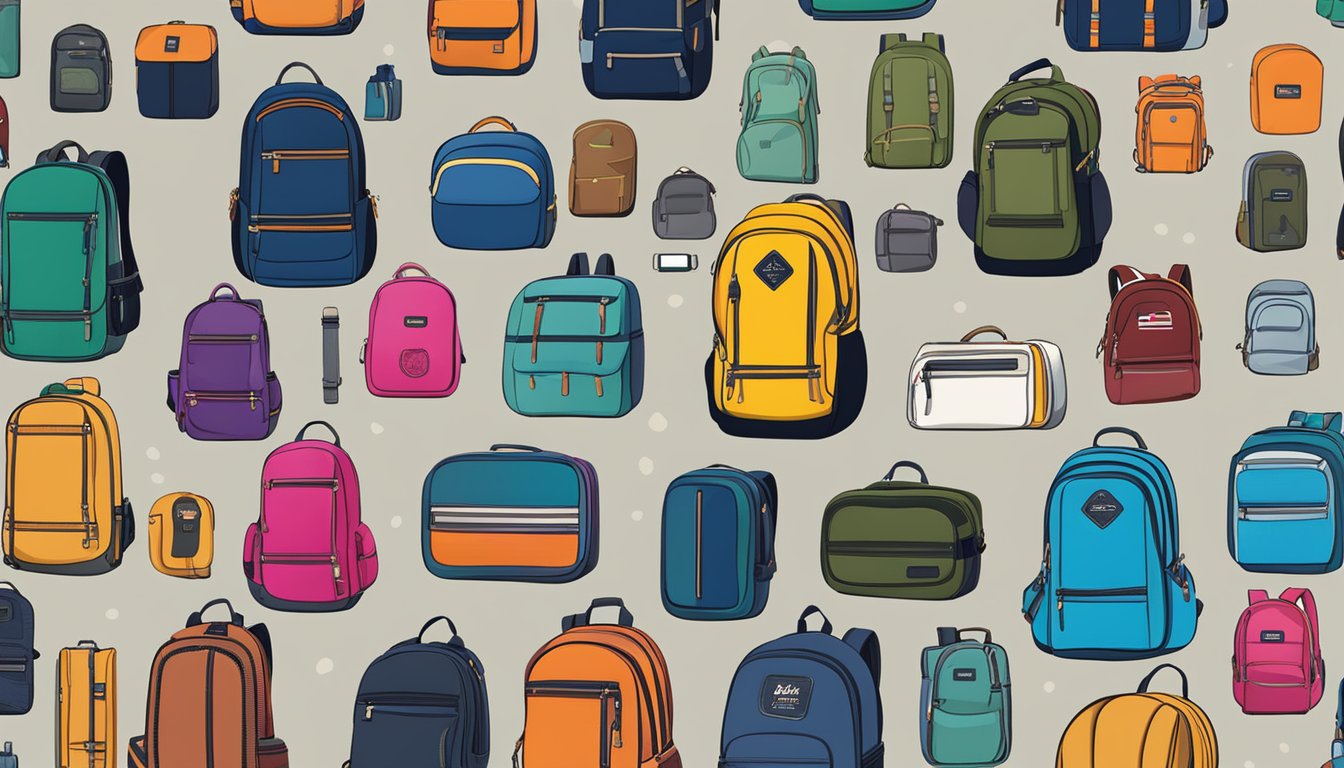 A display of various backpack brands with "Frequently Asked Questions" signs