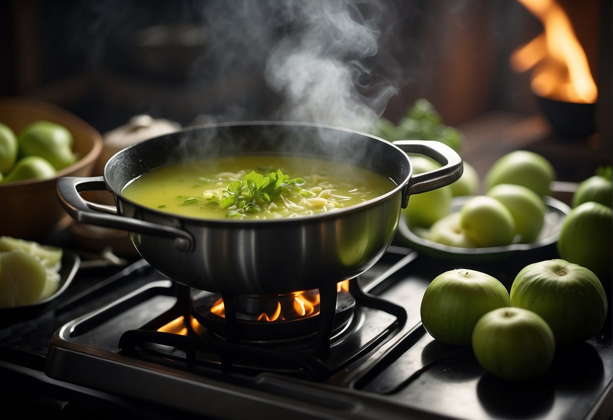 A steaming pot of chayote soup simmers on a stove, filled with sliced chayote, aromatic Chinese herbs, and savory broth