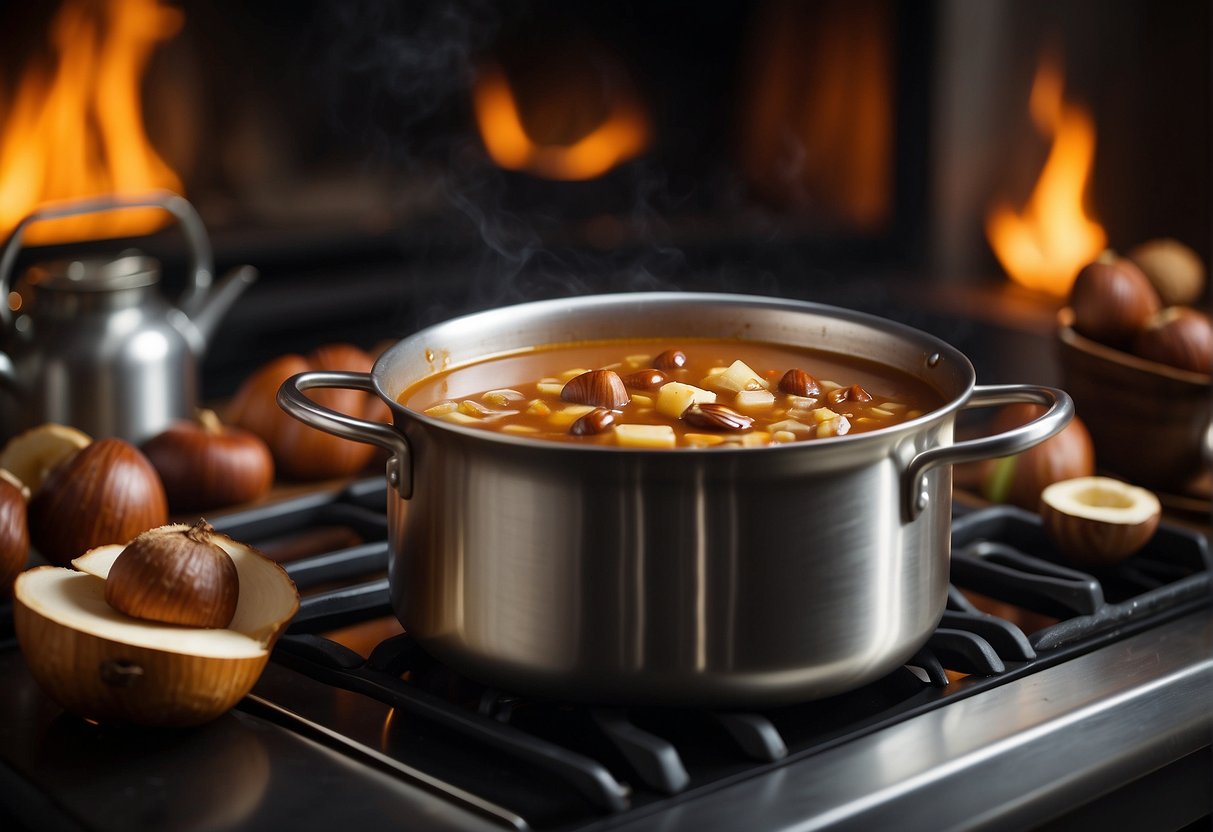 A pot of chestnut soup simmers on a stove, filled with rich aromas of ginger, garlic, and soy sauce. Chopped chestnuts float in the savory broth, creating a cozy and inviting atmosphere