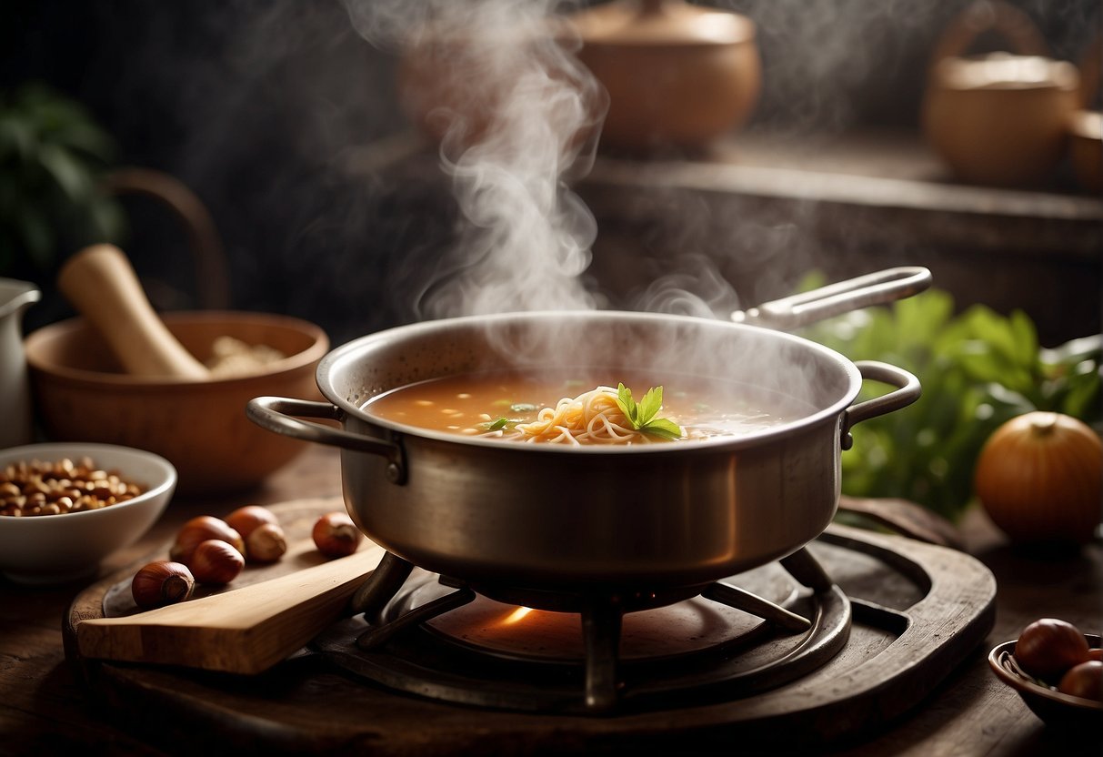A steaming pot of chestnut soup simmers on a rustic stove, surrounded by traditional Chinese cooking ingredients and utensils