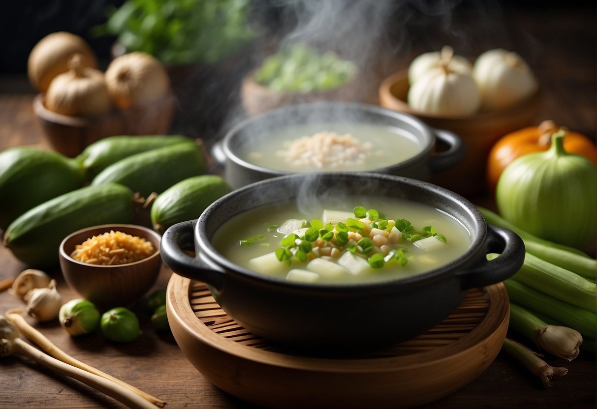 A steaming pot of chayote soup surrounded by traditional Chinese ingredients like ginger, garlic, and green onions