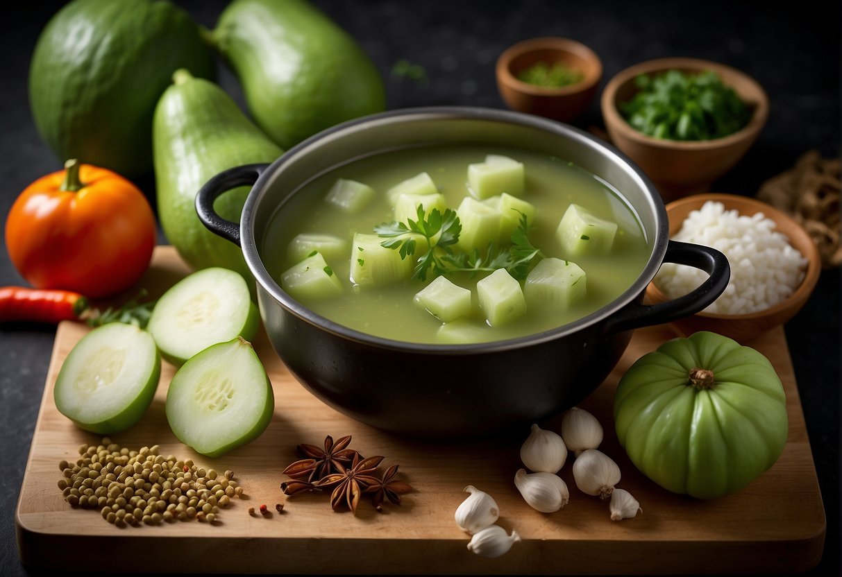 Chayote soup simmers in a pot, with Chinese spices and herbs nearby. Vegetables are being chopped on a cutting board