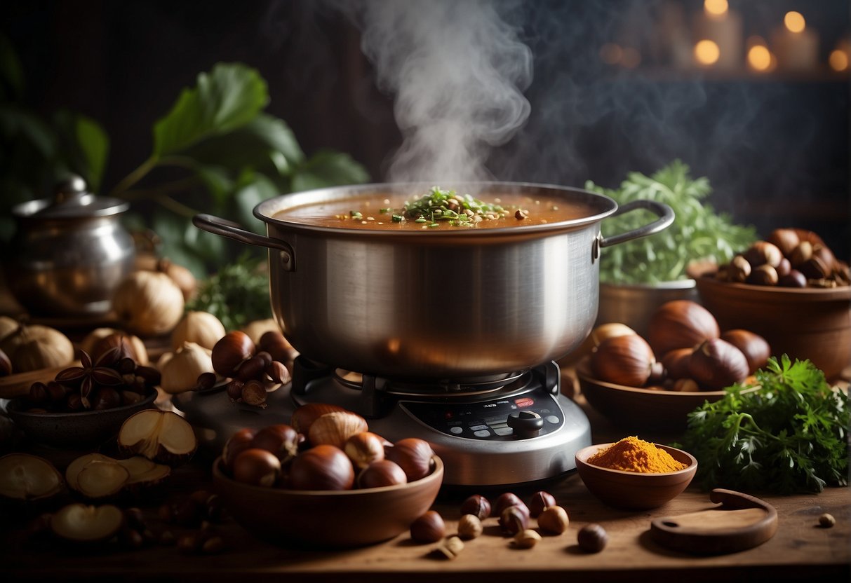 A steaming pot of chestnut soup simmers on a stove, surrounded by aromatic Chinese spices and herbs. A pile of fresh chestnuts and other key ingredients sit nearby, ready to be added to the flavorful broth