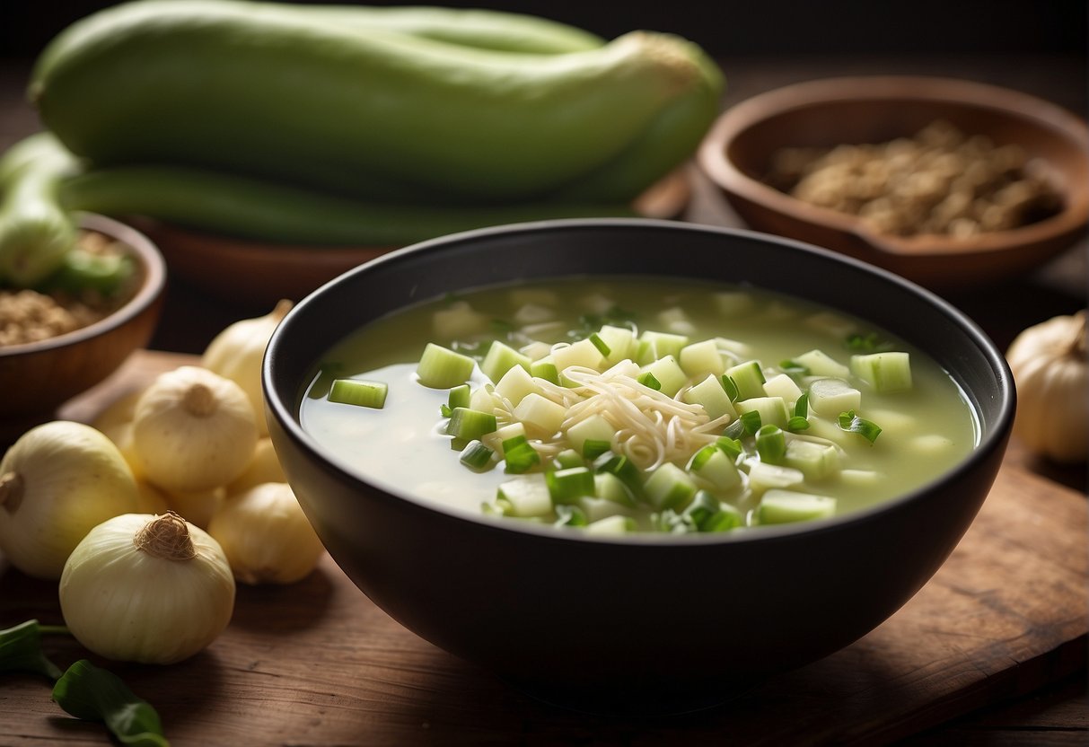 A steaming bowl of chayote soup sits on a wooden table, surrounded by traditional Chinese cooking ingredients like ginger, garlic, and green onions