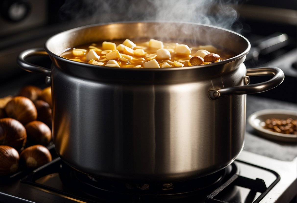 A pot simmers on a stove, steam rising as chestnuts are crushed and added to a fragrant broth. A hint of ginger and soy sauce lingers in the air