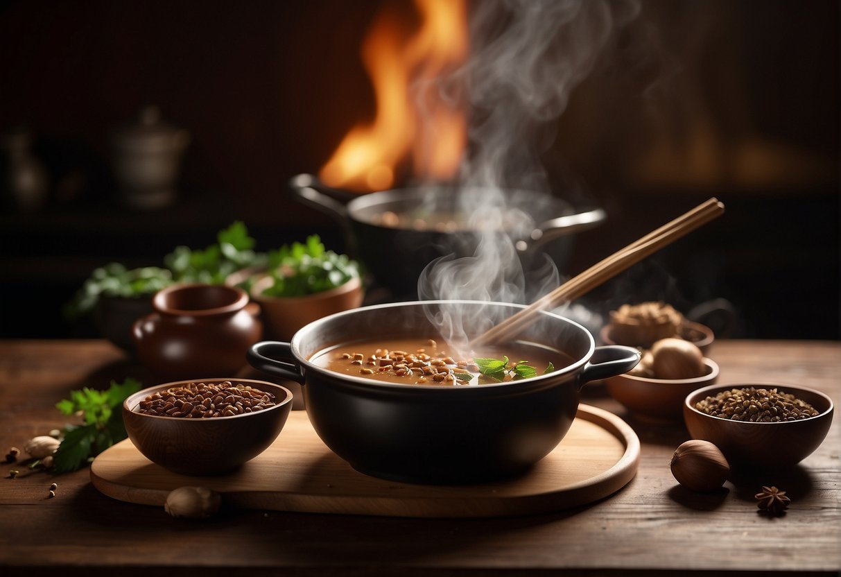 A steaming pot of chestnut soup simmers on a stove, surrounded by Chinese spices and herbs. A pair of chopsticks rests on a nearby cutting board, ready to add the final touches