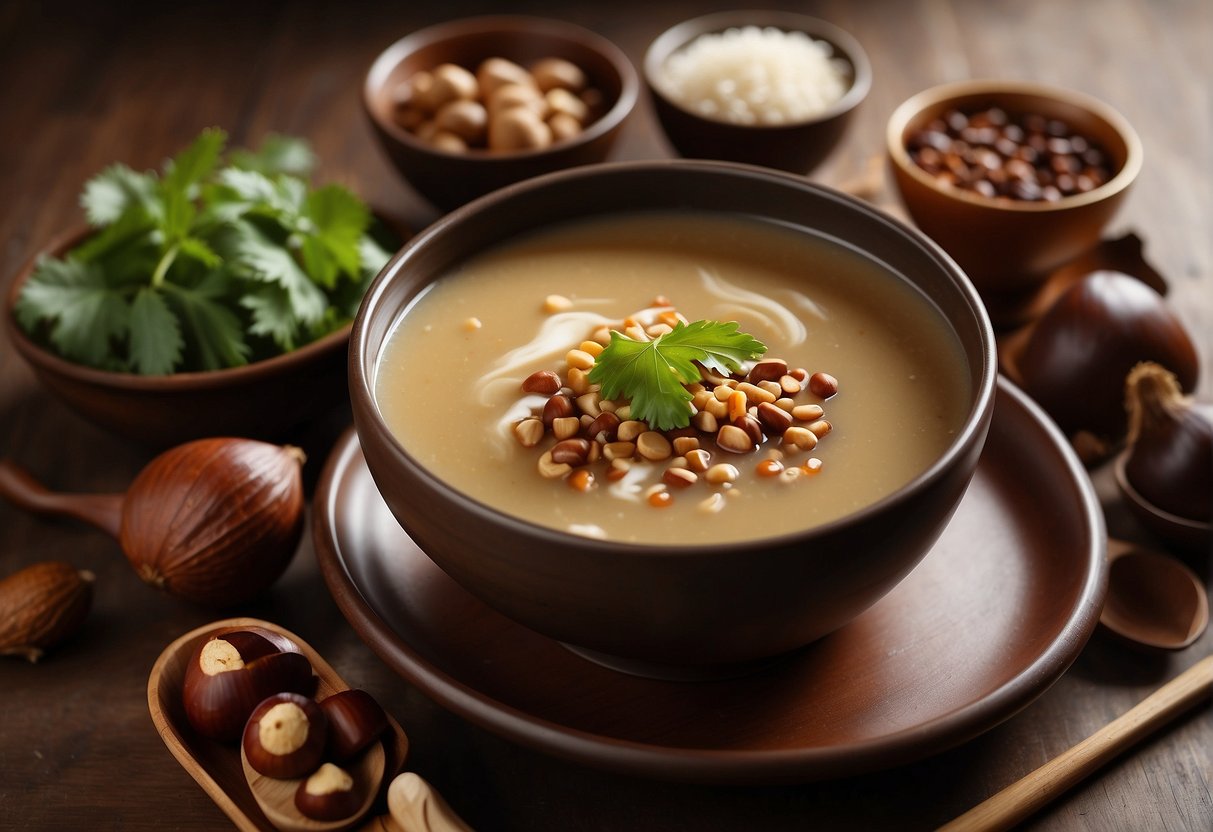 A steaming bowl of chestnut soup sits on a wooden table, surrounded by traditional Chinese cooking ingredients and utensils. A recipe book is open to a page with detailed instructions for customizing the soup