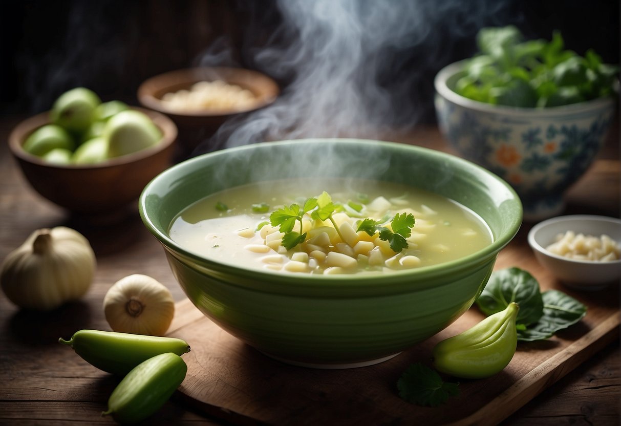 A steaming bowl of chayote soup sits on a rustic wooden table, surrounded by traditional Chinese ingredients like ginger, garlic, and scallions