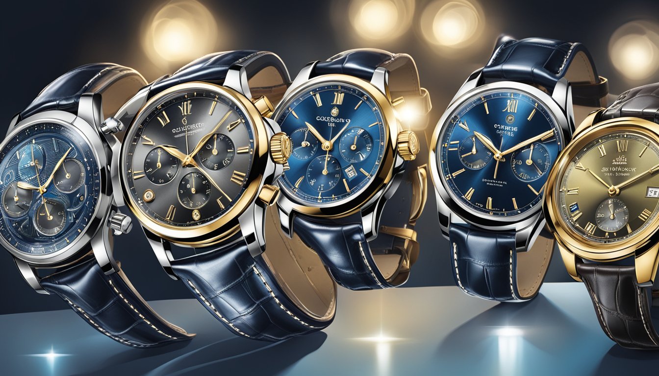 A display of iconic Swiss watch brands, gleaming under bright lights, showcasing precision craftsmanship and timeless elegance