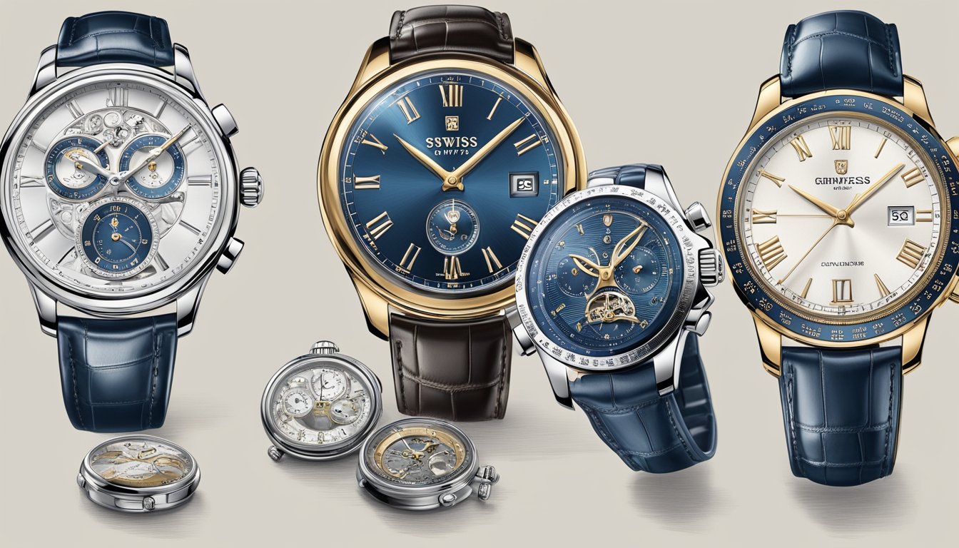 A display of iconic Swiss watch brands, showcasing precision craftsmanship and timeless design. The scene exudes luxury and heritage, with intricate details and elegant aesthetics
