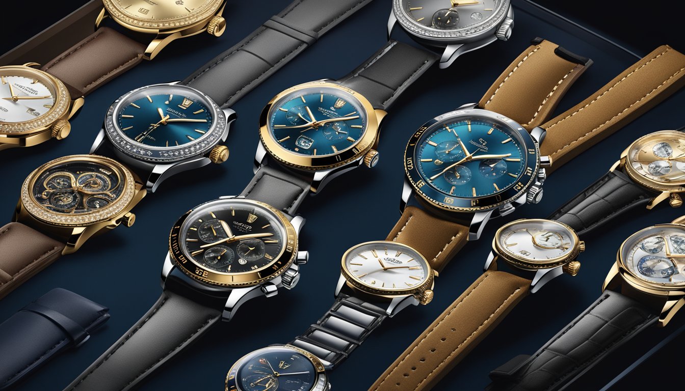 A display of iconic Swiss watch brands arranged on a luxurious velvet-lined showcase, with gleaming metal and intricate dials catching the light