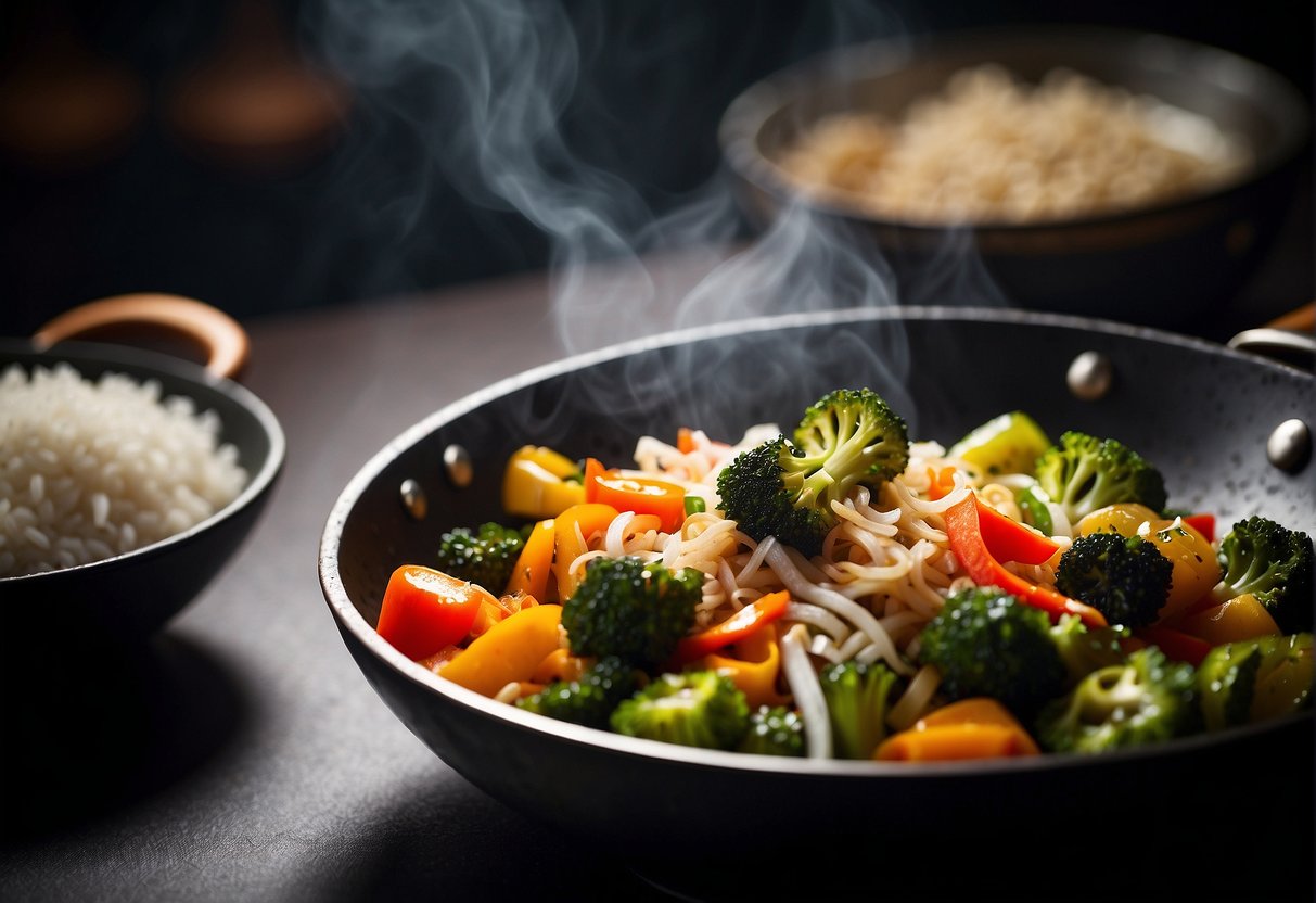 A wok sizzles with stir-fried vegetables and fluffy rice. Soy sauce and spices add color and aroma