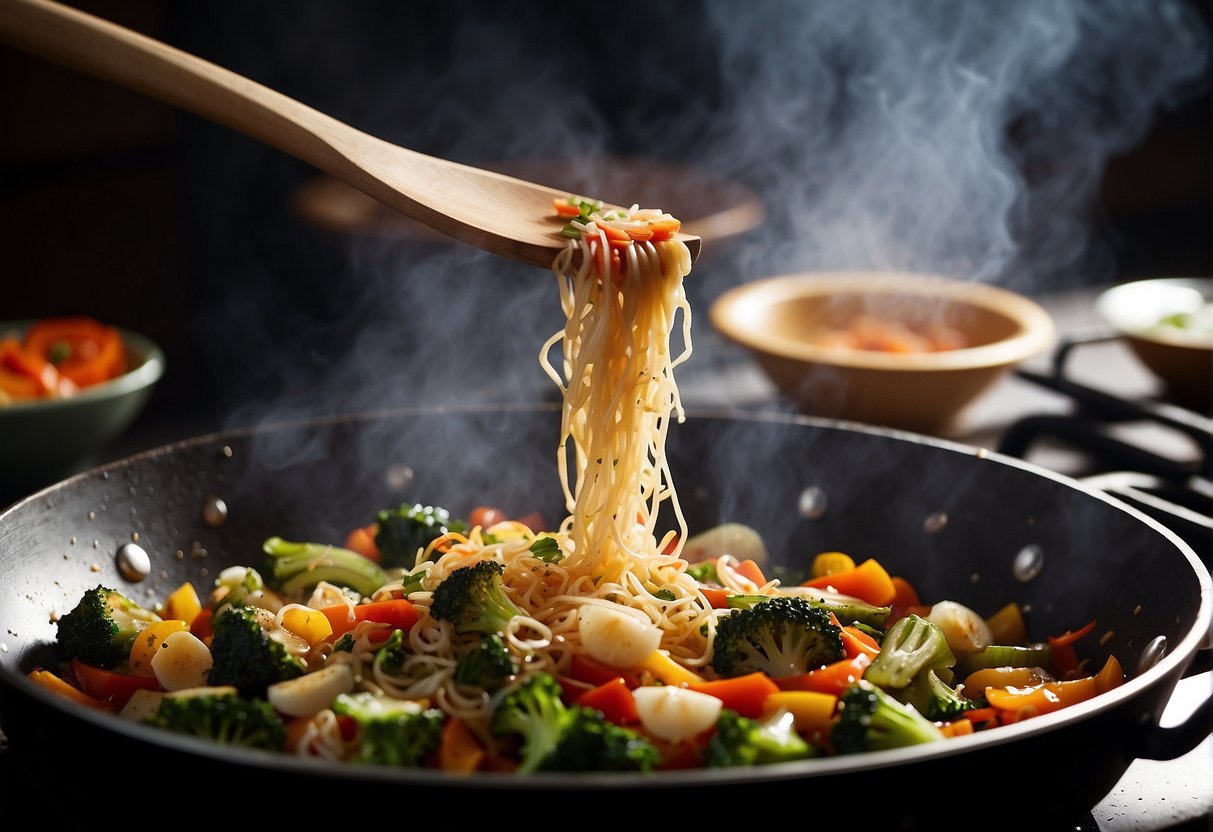 A wok sizzles with stir-fried vegetables, rice, and savory sauces. Steam rises as a chef tosses the ingredients with a wooden spatula