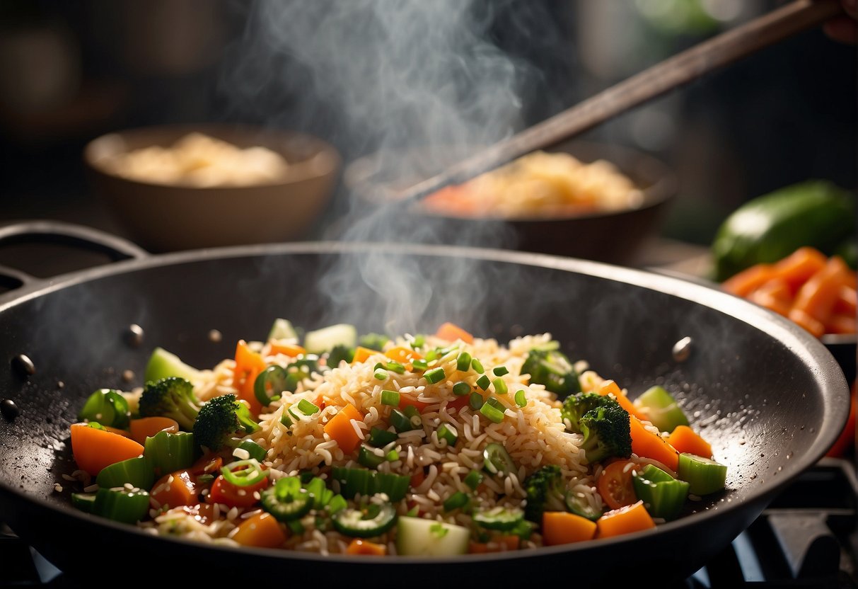 A wok sizzles as vegetables are stir-fried with rice, soy sauce, and spices. Chopped green onions and sesame seeds are sprinkled on top