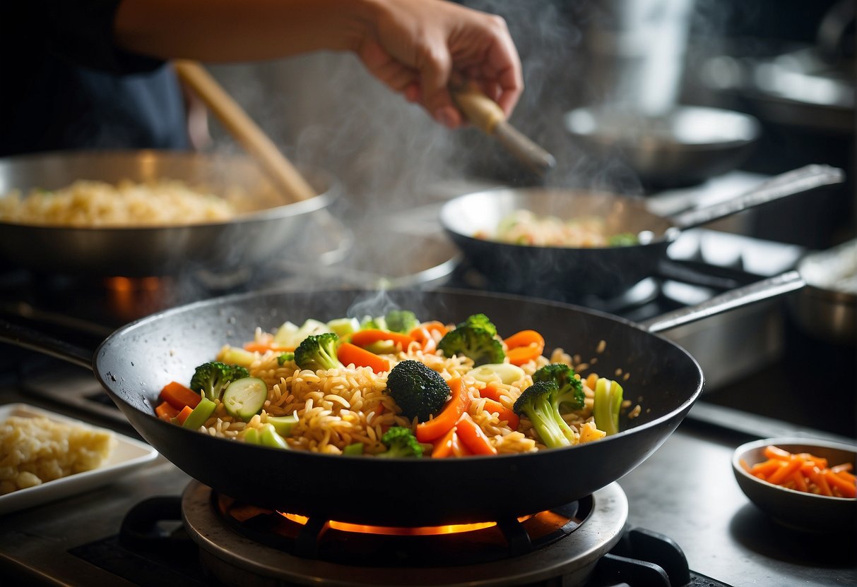 A wok sizzles with stir-fried vegetables and rice, while a chef adds soy sauce and sesame oil for a Chinese vegetable rice recipe