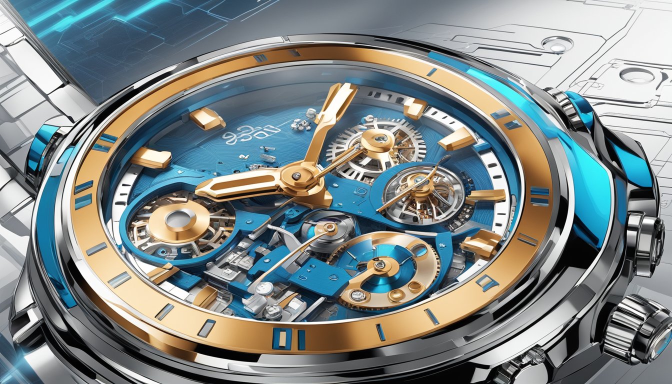 A sleek, modern Swiss watch resting on a backdrop of futuristic technology and innovation. The watch is surrounded by cutting-edge gadgets and tools, symbolizing the advancements in Swiss watchmaking