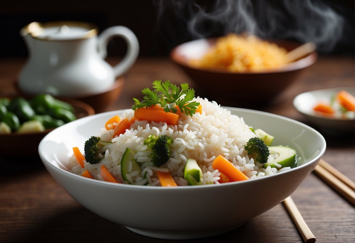 A steaming bowl of Chinese vegetable rice is being served onto a white ceramic plate, with colorful vegetables and fragrant rice spilling over the edges. Nearby, a stack of neatly folded cloth napkins and a set of chopsticks are arranged on the
