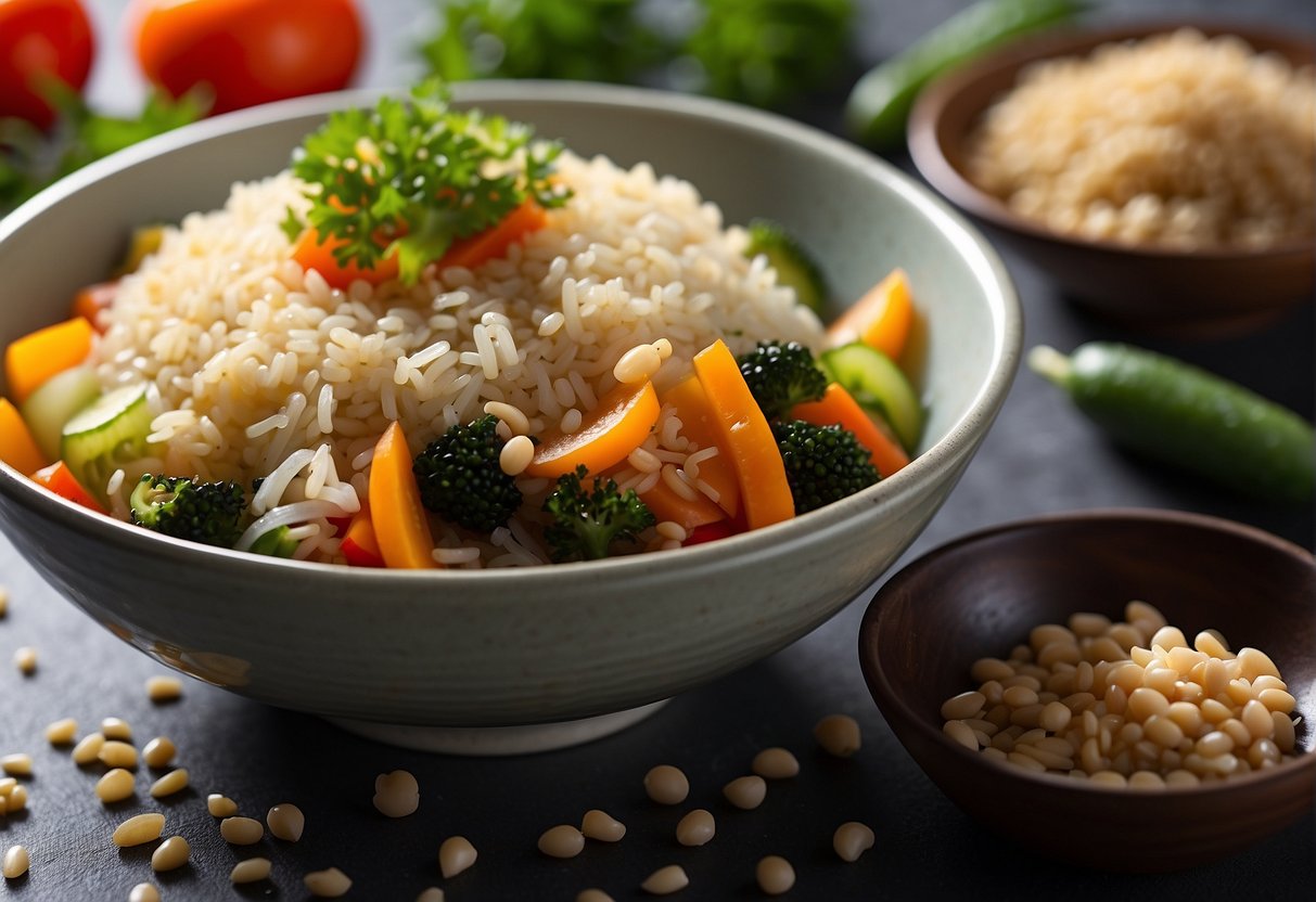 A colorful plate of Chinese vegetable rice with a variety of fresh, vibrant vegetables and fluffy grains, accompanied by a small bowl of soy sauce on the side