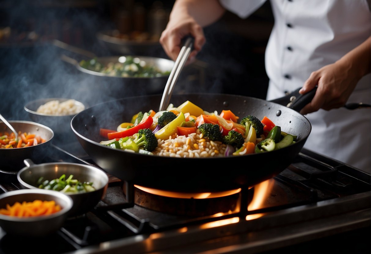 A wok sizzles with colorful stir-fried vegetables and rice, steam rising as a chef stirs in soy sauce and spices