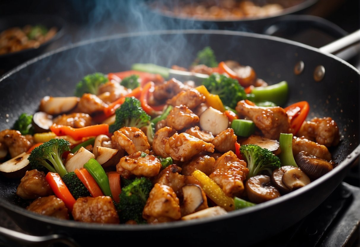 A sizzling wok full of stir-fried chicken, mushrooms, and vibrant vegetables, infused with aromatic Chinese spices and sauces