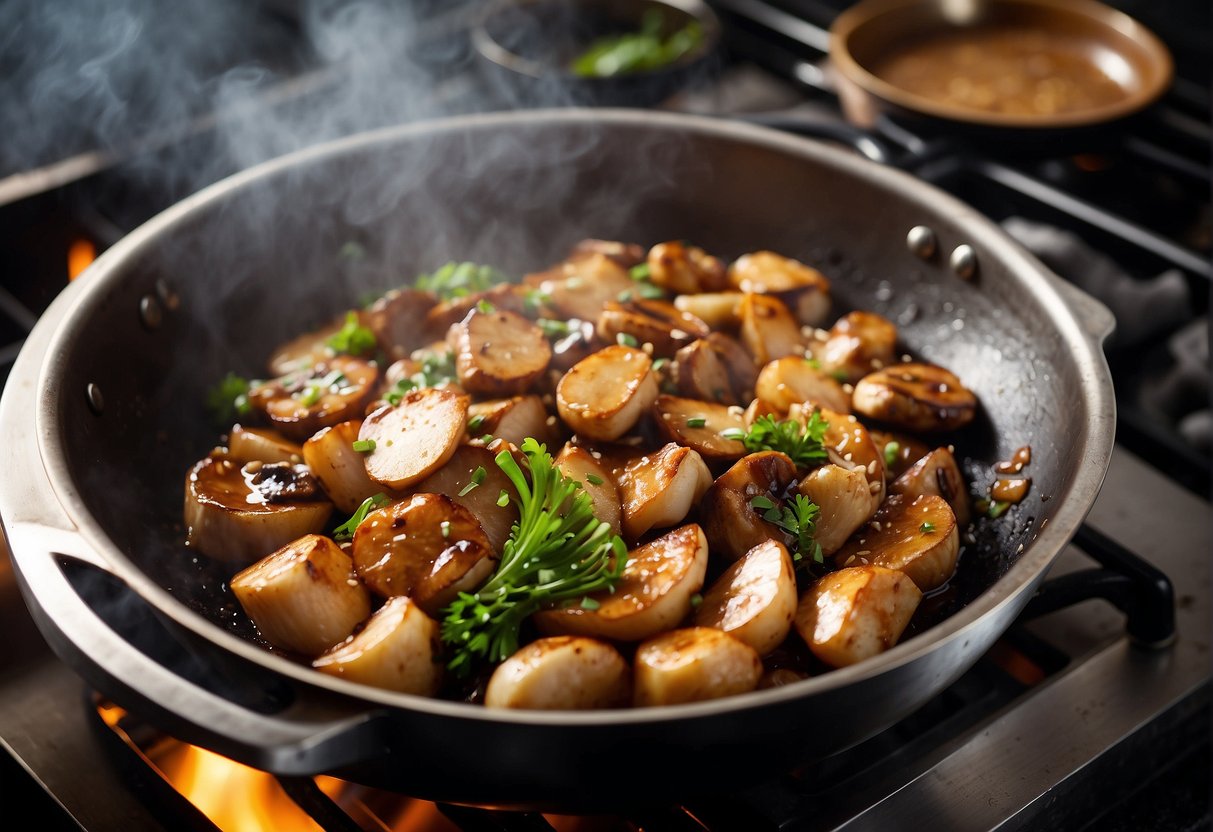 A wok sizzles as chicken and mushrooms are stir-fried with garlic, ginger, and soy sauce. Steam rises, filling the kitchen with savory aromas