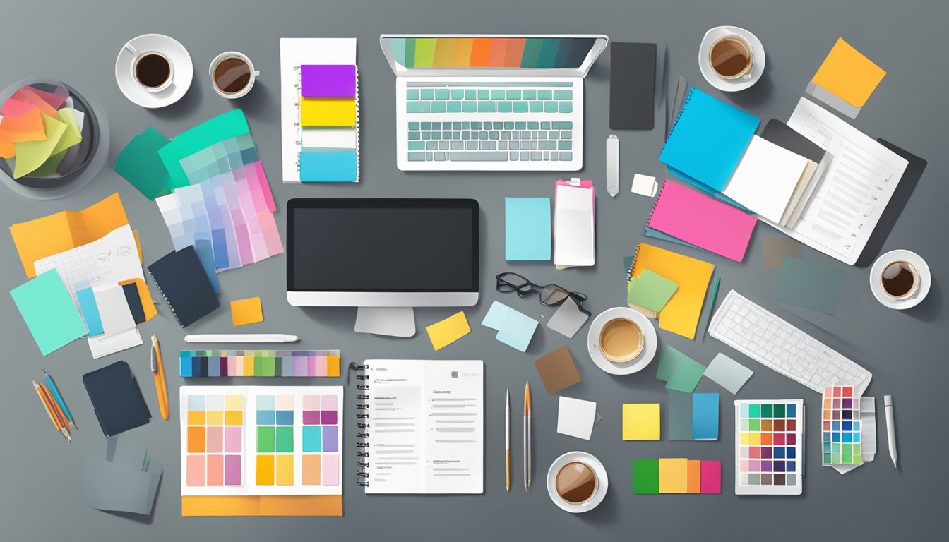 A table with various branding materials: logos, color swatches, product packaging, and marketing collateral spread out for brainstorming and planning