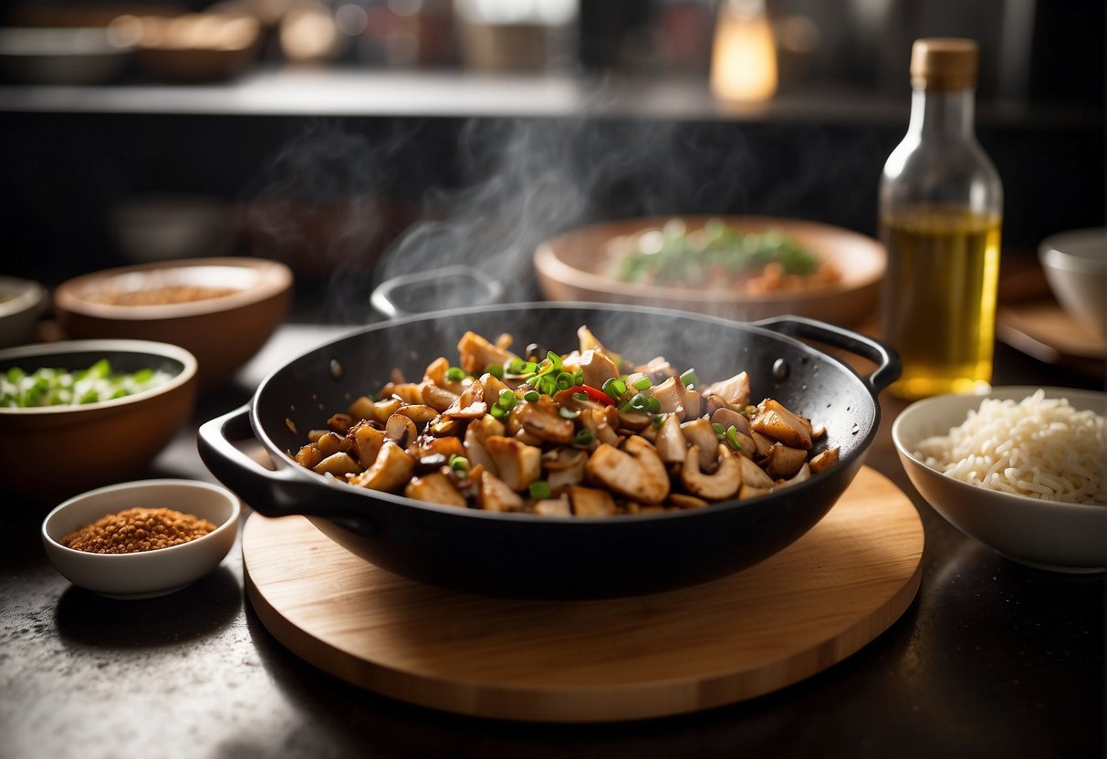 A sizzling wok filled with diced chicken, sliced mushrooms, and aromatic Chinese spices, surrounded by bowls of soy sauce, ginger, and garlic