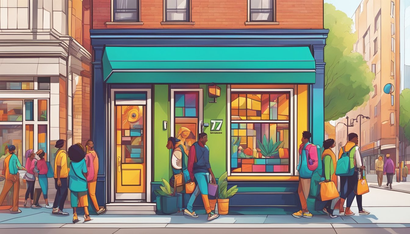 A vibrant logo displayed prominently on a storefront, with a line of customers eagerly waiting to enter. Bright colors and bold typography catch the eye