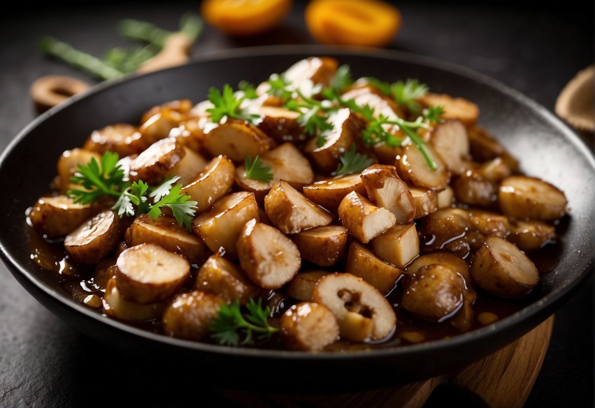 Slicing chicken and mushrooms, stir-frying with soy sauce and ginger, then simmering in a savory Chinese-style sauce