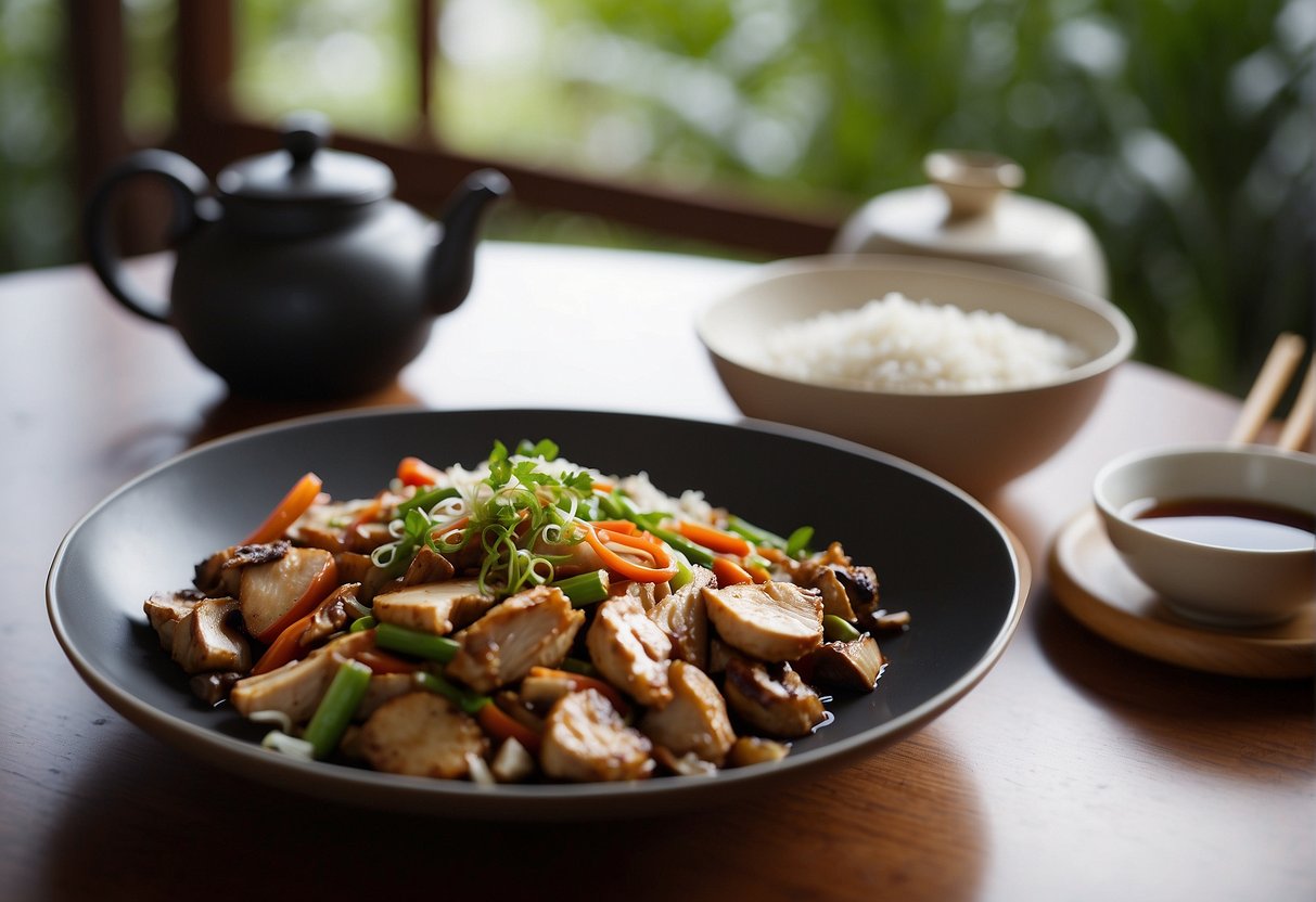 A steaming plate of chicken and mushroom stir-fry sits next to a bowl of steamed white rice. Chopsticks rest on a bamboo placemat, with a teapot and cups in the background
