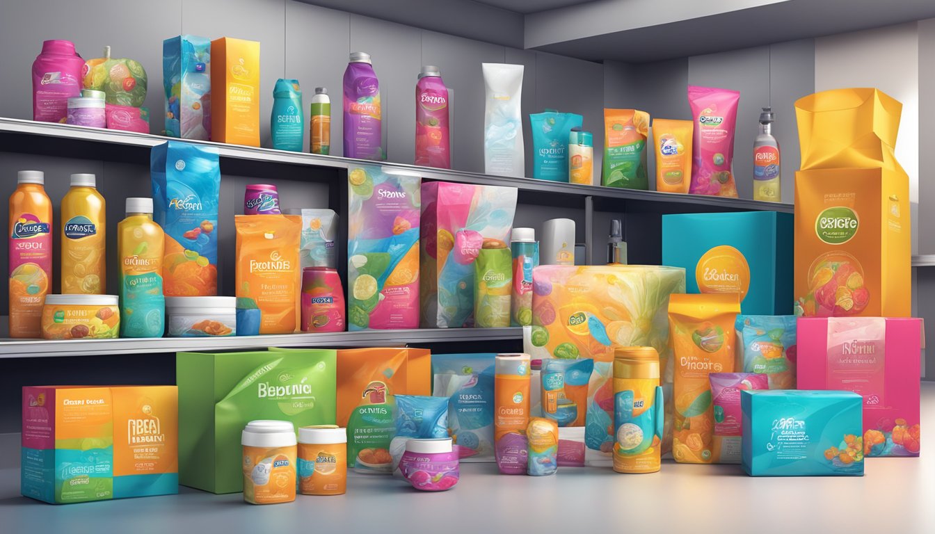 A vibrant, dynamic scene of diverse product branding case studies, with logos, packaging, and marketing materials displayed in a modern, professional setting