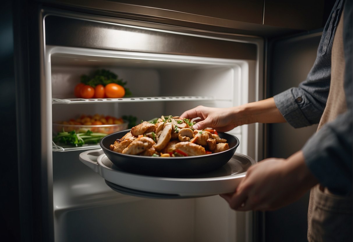 A hand reaches for a container of Chinese-style chicken and mushroom dish, placing it in the refrigerator. Later, the same hand takes the container out and reheats the meal in the microwave