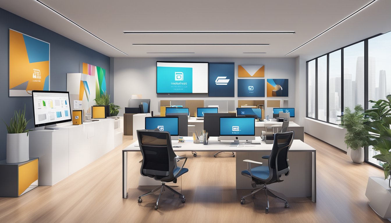 A sleek, modern office space with a prominent brand logo displayed on a large screen, surrounded by various marketing materials and products