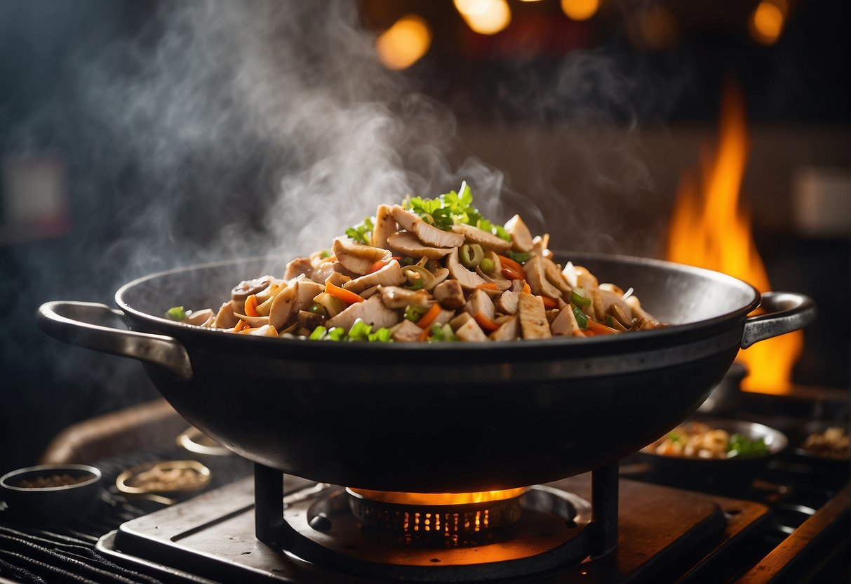 A sizzling wok filled with diced chicken, sliced mushrooms, and aromatic Chinese spices. Steam rises as the ingredients are stir-fried to perfection