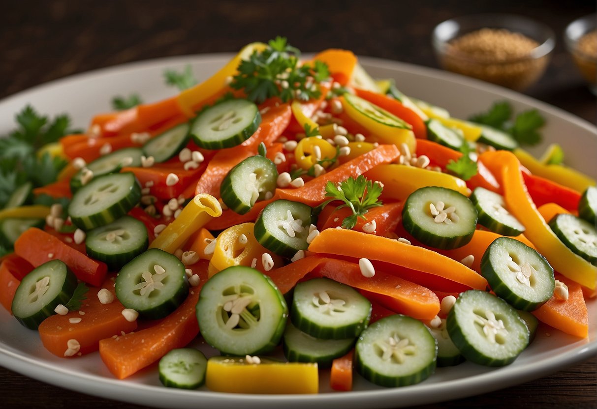 A colorful array of julienned carrots, bell peppers, and cucumbers tossed in a tangy sesame dressing, garnished with toasted sesame seeds and fresh cilantro