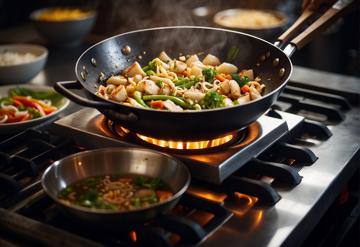 A wok sizzles with garlic and ginger in hot oil. Vegetables are added and stir-fried. Soy sauce, sugar, and broth are poured in, creating a savory aroma