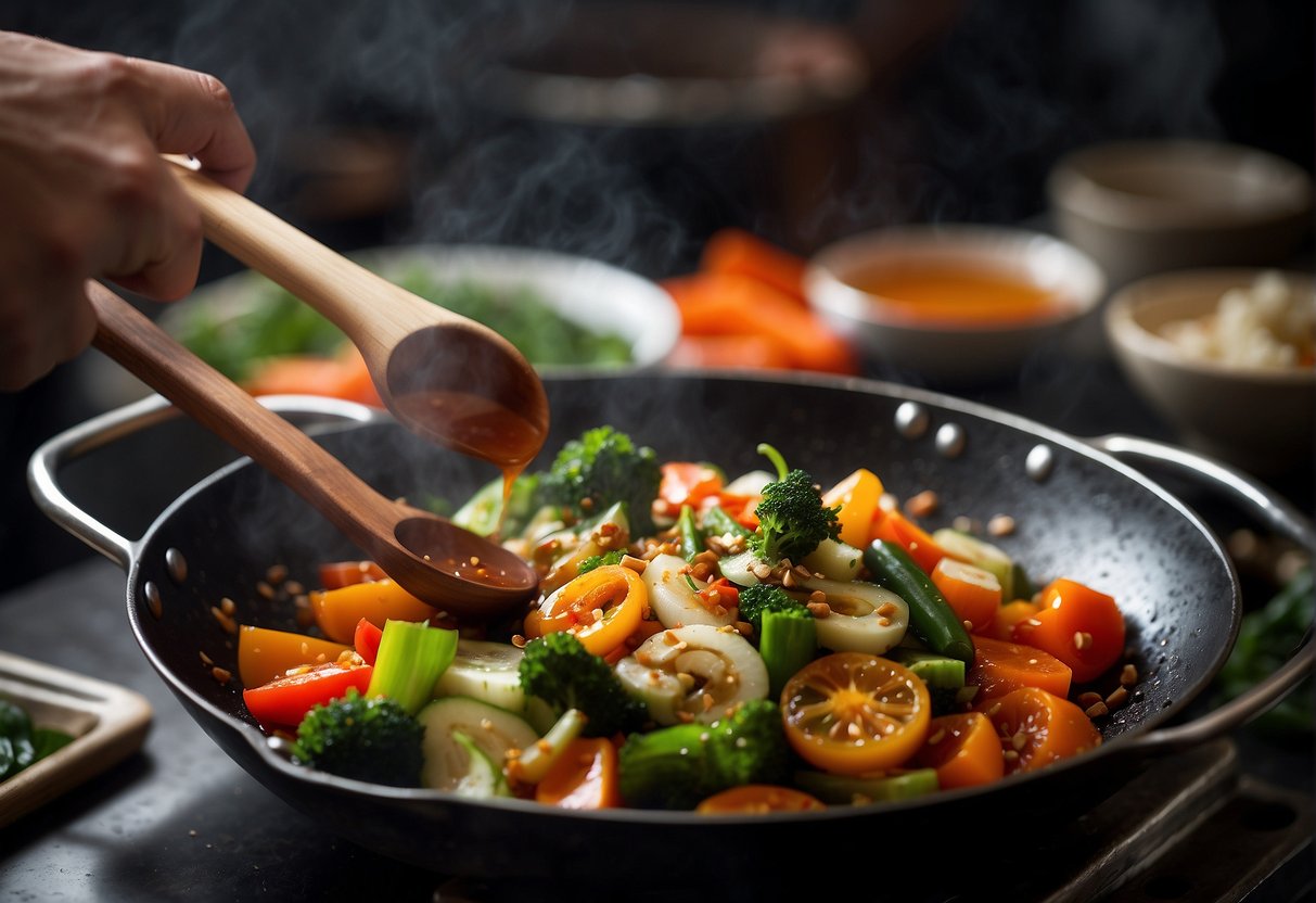 A wok sizzles with fresh vegetables and aromatic spices as a chef pours in a rich, savory Chinese vegetable sauce