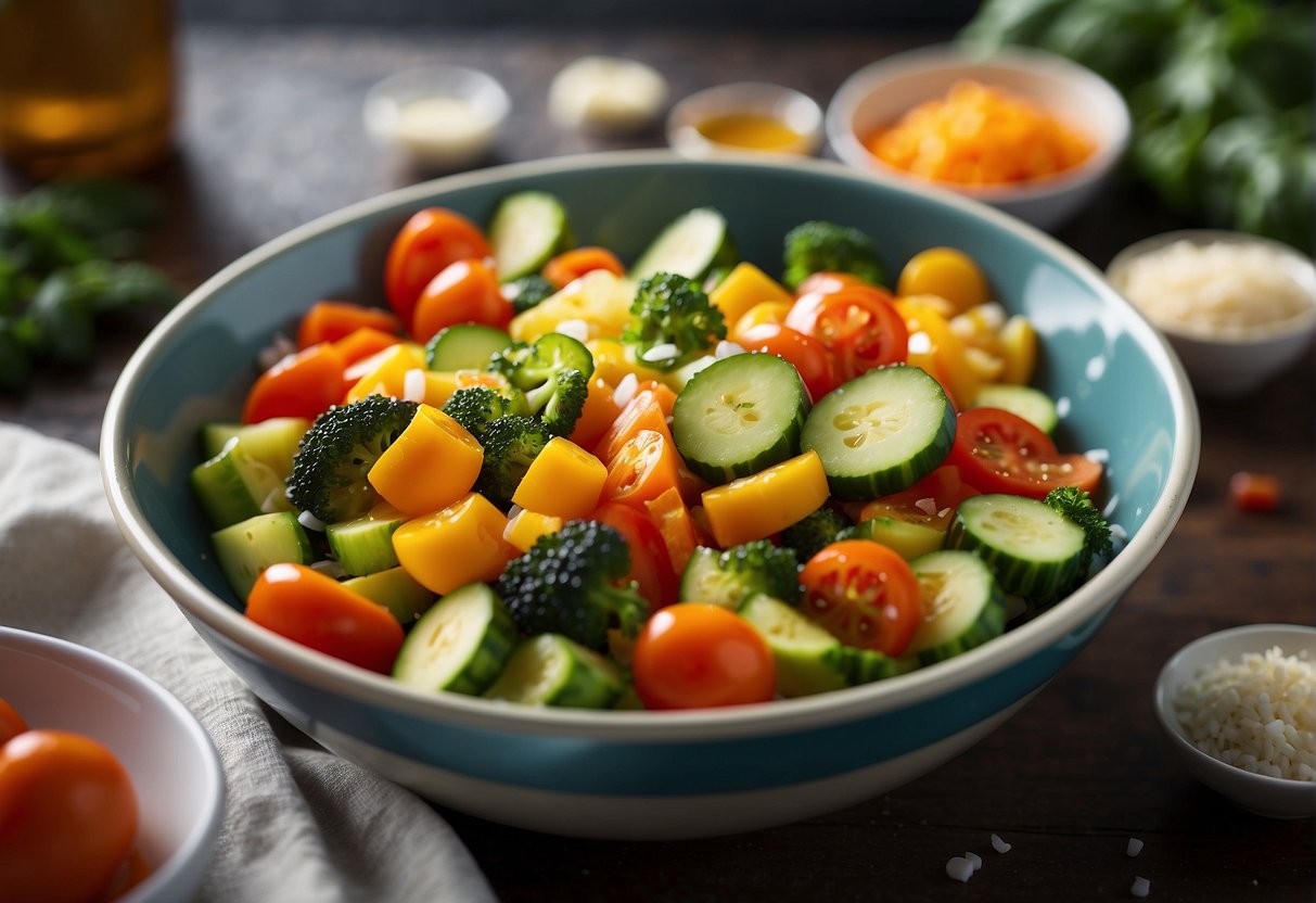 Fresh vegetables being washed, chopped, and tossed in a vibrant bowl with a tangy dressing
